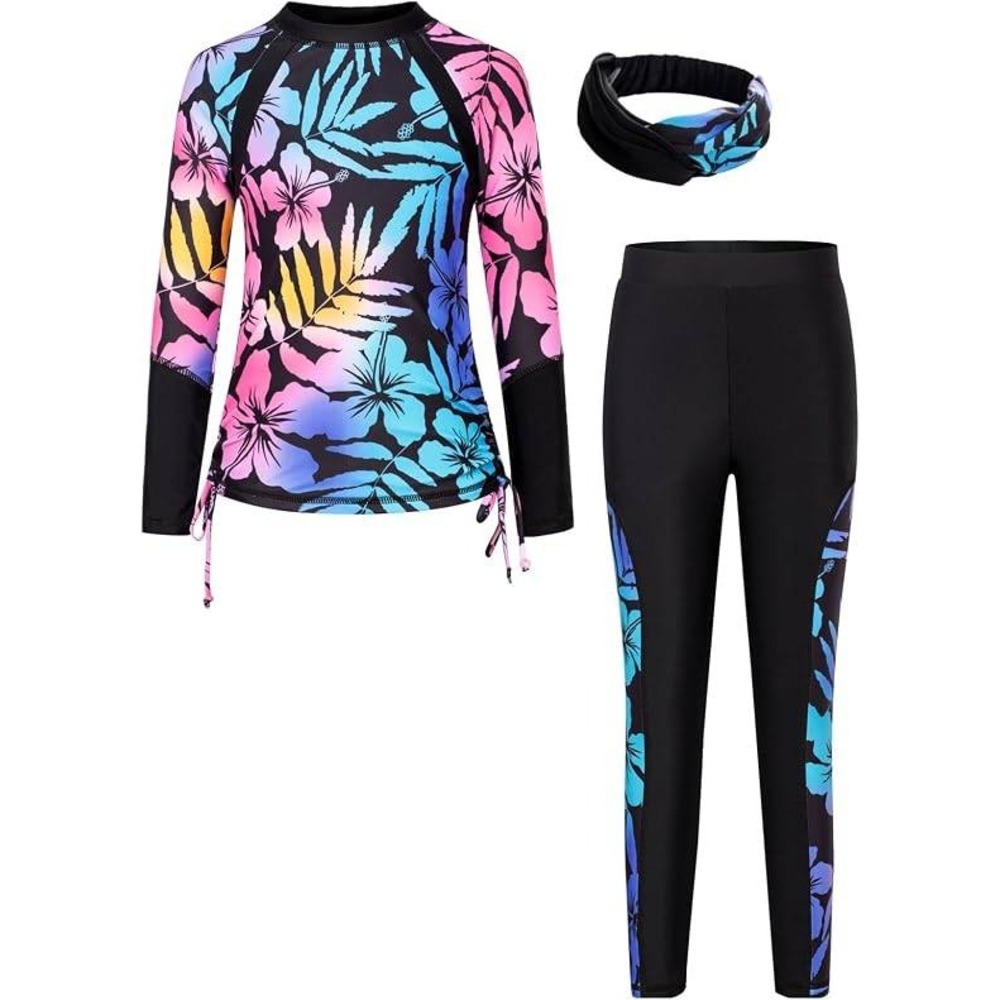 Grace Karin Girl Long Sleeve Swimsuit Two-Piece Rash Guard Floral Black Size 10Y
